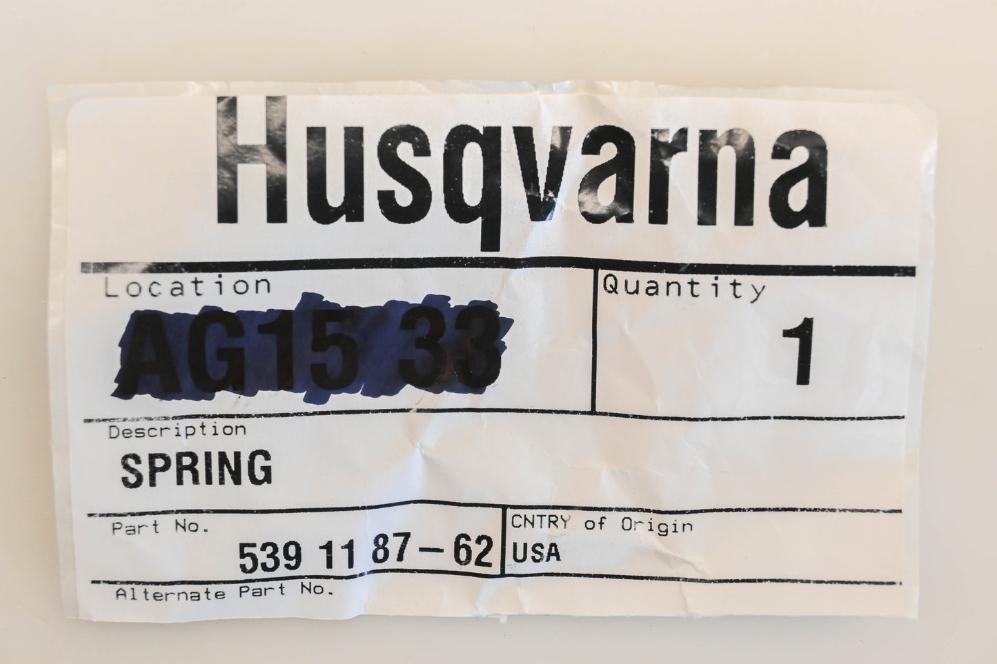 New OEM Husqvarna 539 11 87-62, 539118762 Spring NOS