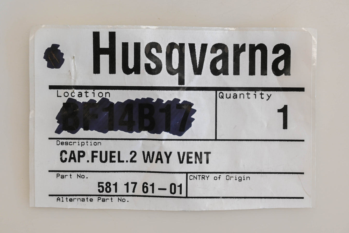 New OEM Husqvarna 581 17 61-01, 581176101 Fuel Cap Assembly NOS