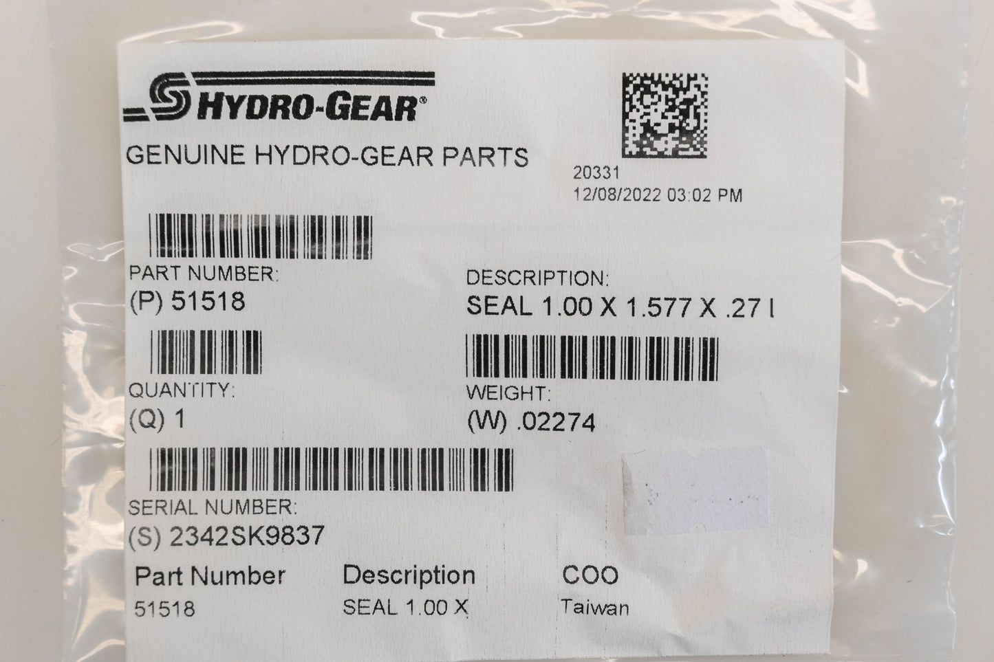Hydro-Gear 51518 1" x 1.577" x 0.27" Lip Seal NOS