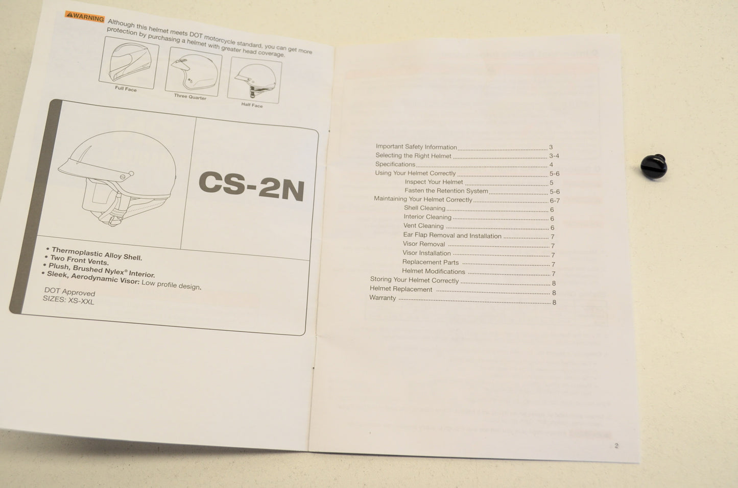 New HJC CS-2N Owner's Manual with Helmet Screw NOS
