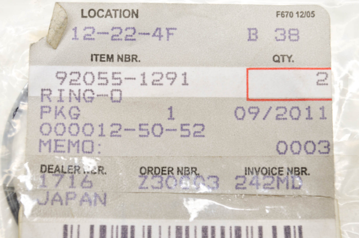 OEM Kawasaki 92055-1291 O-Ring NOS