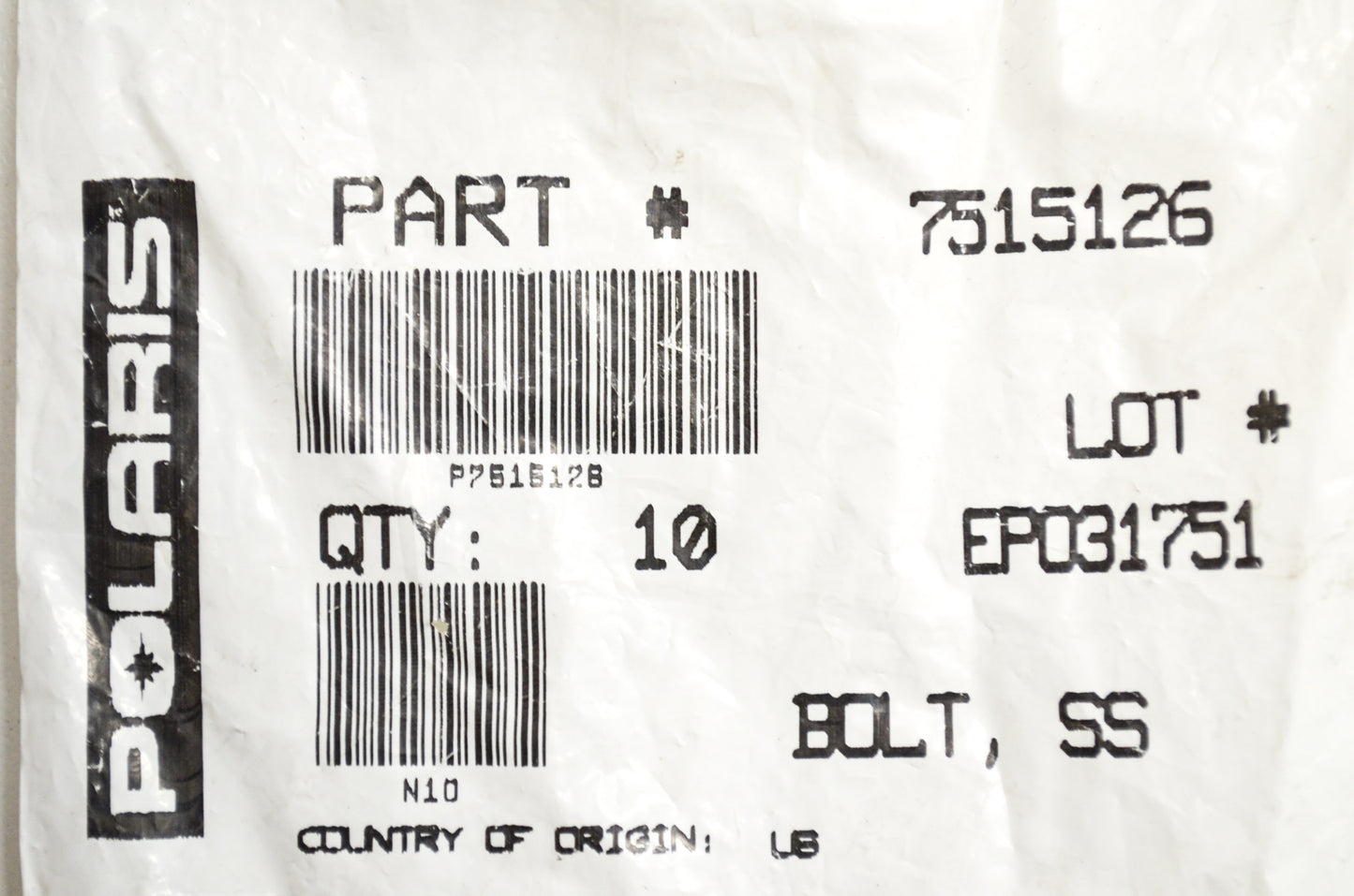 OEM Polaris 7515126 S.S. Bolt Qty 2 NOS