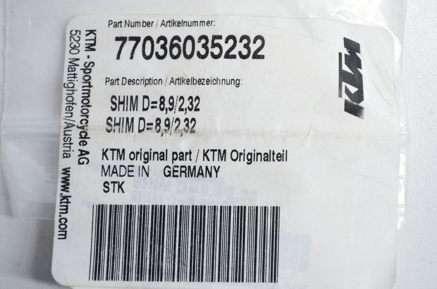 OEM KTM 77036035232 Shim D=8.9/2.32 NOS