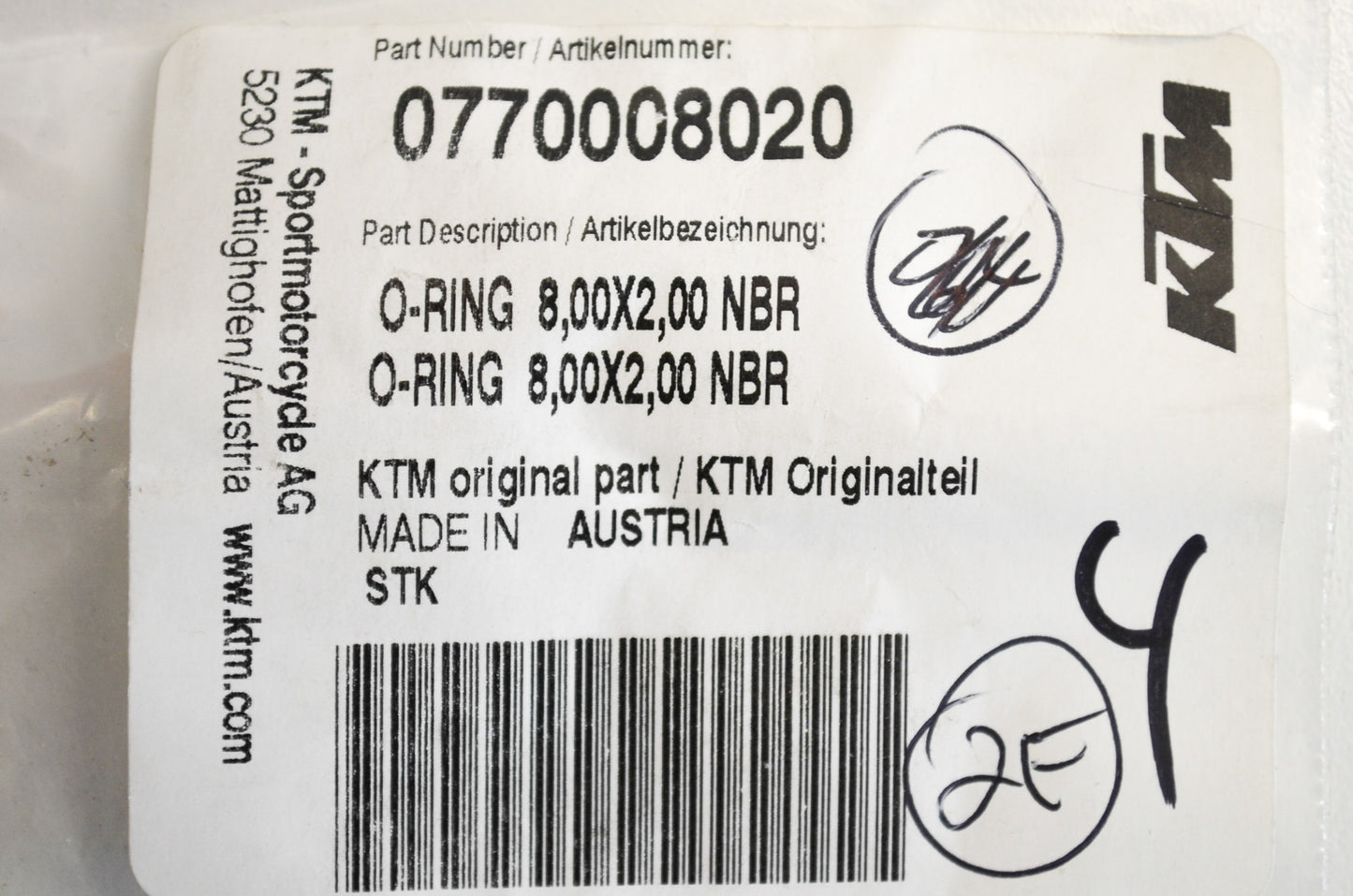 OEM KTM 770008020 O-Ring 8.00X2.00 NBR Qty 2 NOS