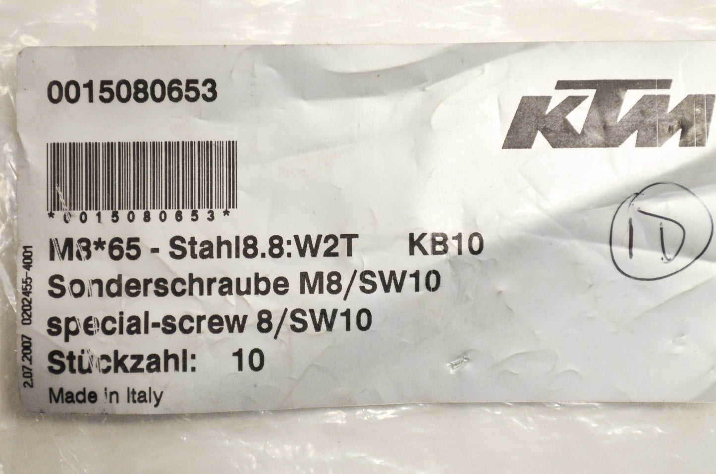 OEM KTM 15080653 Hex Head Collar Screw M8X65 WS=10 Qty 8 NOS