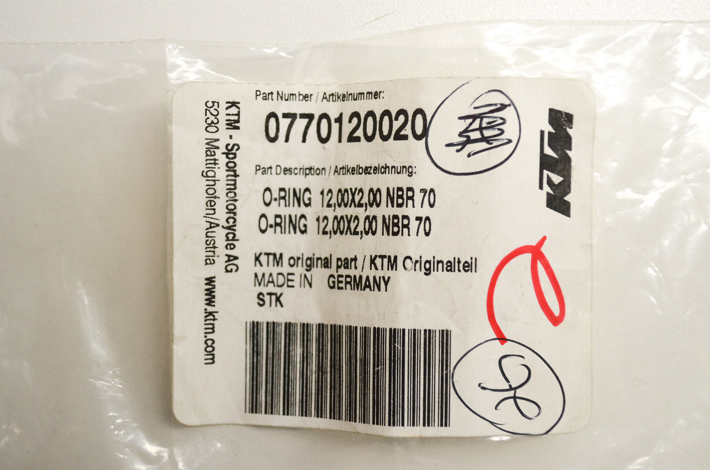 OEM KTM 770120020 O-Ring 12.00X2.00 NBR70 Qty 2 NOS