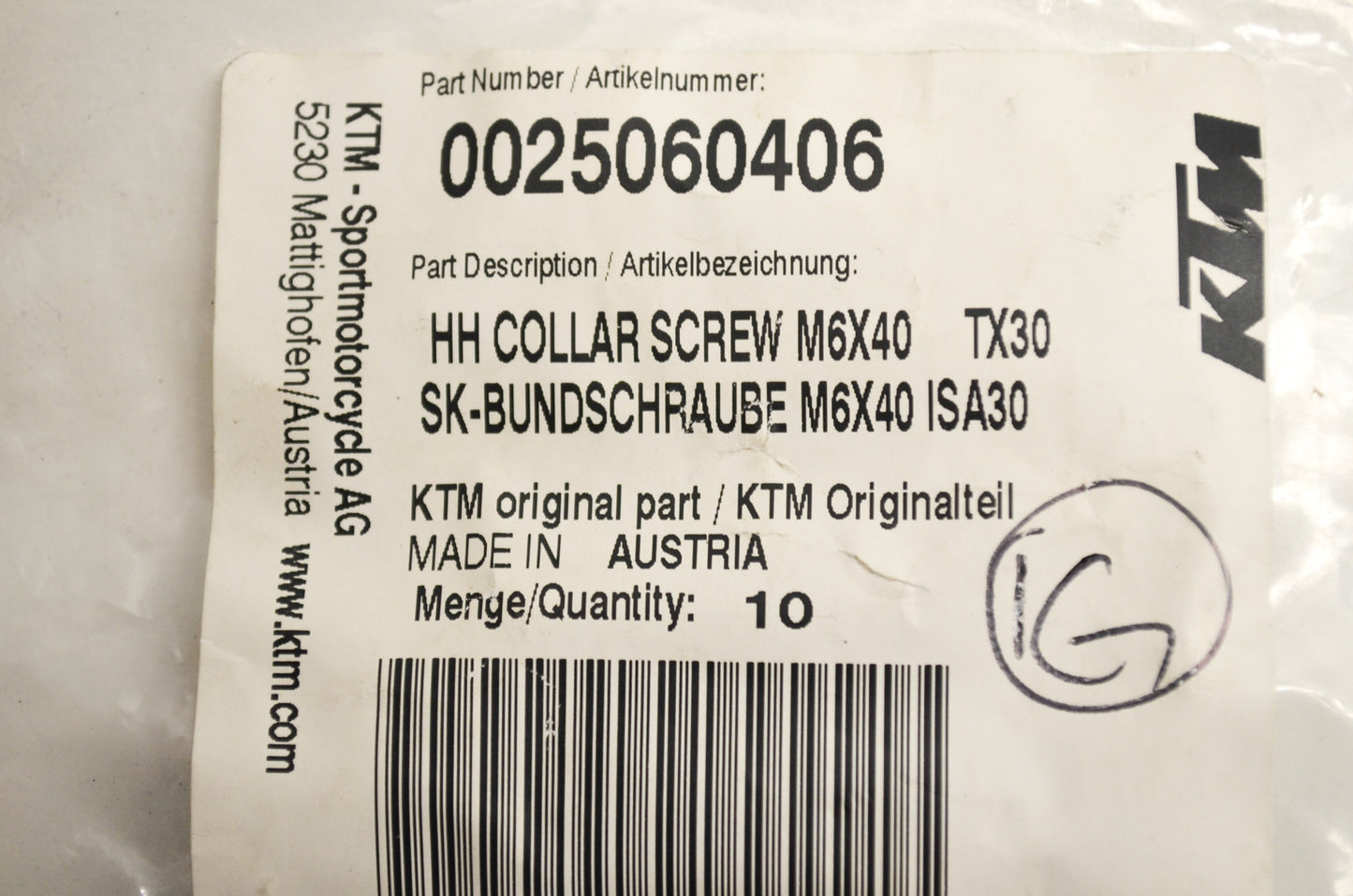 OEM KTM 25060406 Hex Head Collar Screw M6X40 TX30 Qty 7 NOS