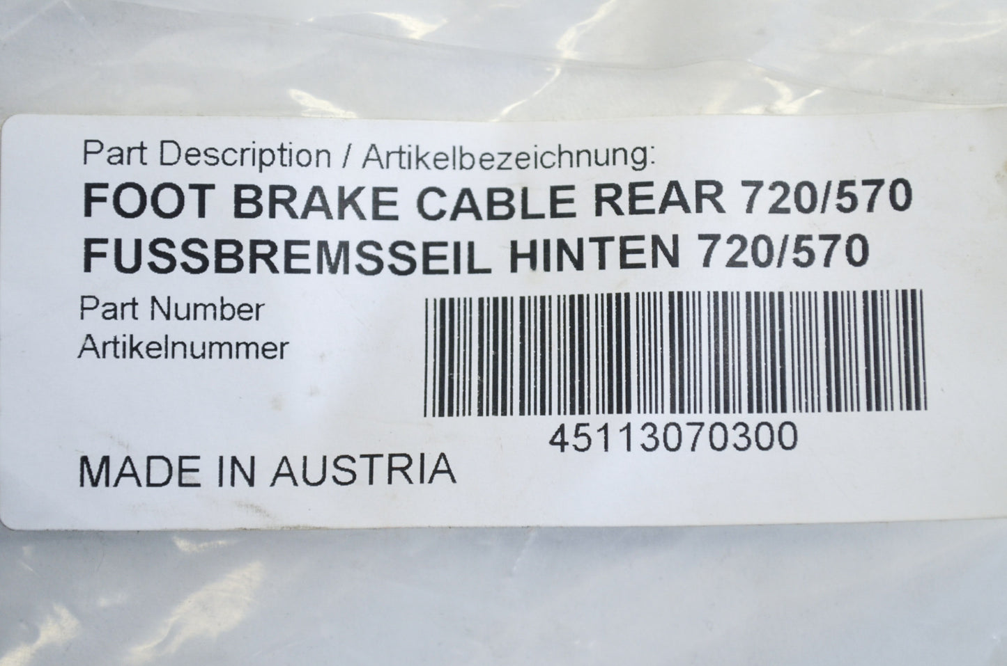 OEM KTM 45113070300 Rear Foot Brake Cable NOS
