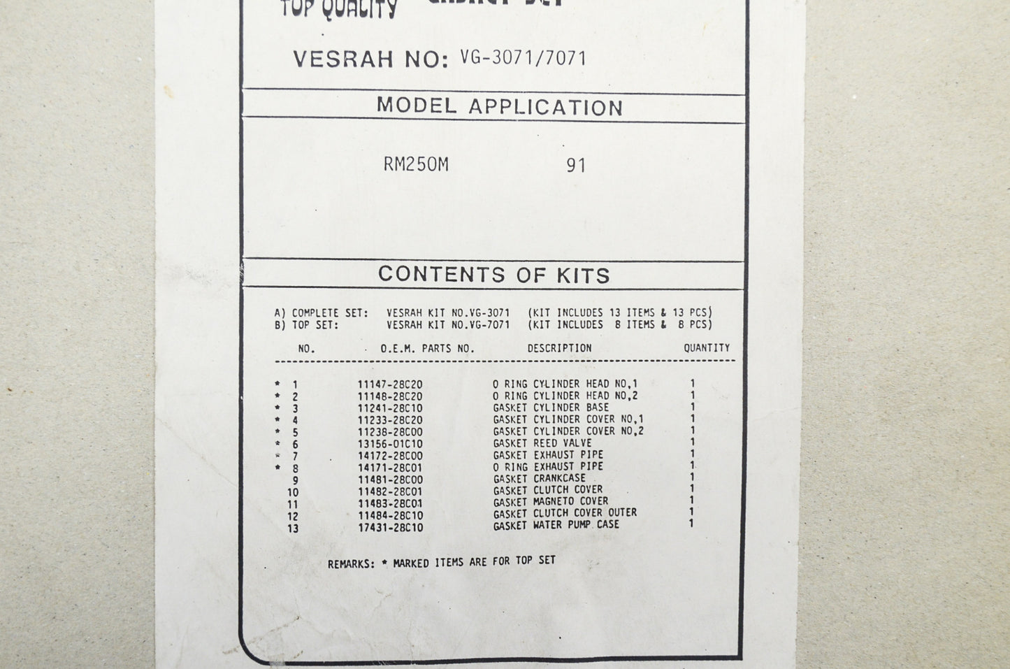 New Vesrah Complete Gasket Set Suzuki 91 RM-250M NOS