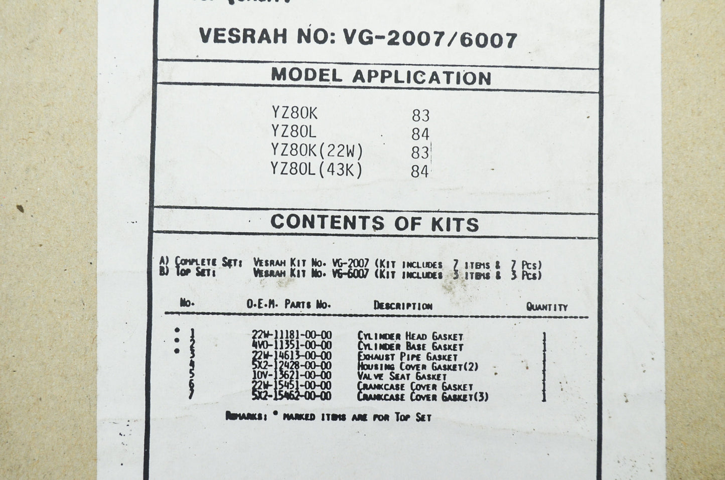New Vesrah Complete Gasket Set Yamaha 83 -4 YZ80K YZ80L NOS