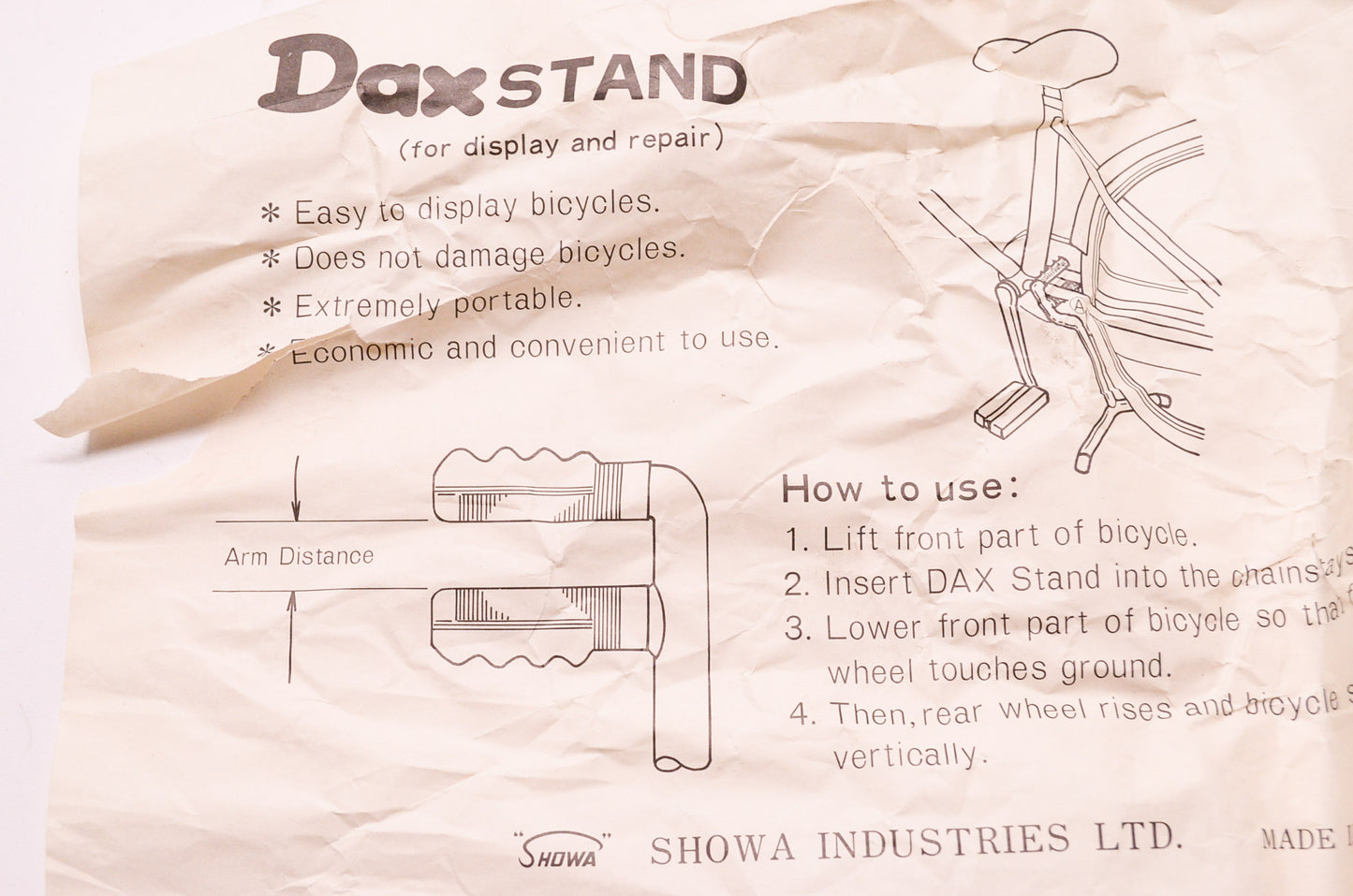 New Showa Industries Dax Stand Bicycle Display Repair Stand NOS