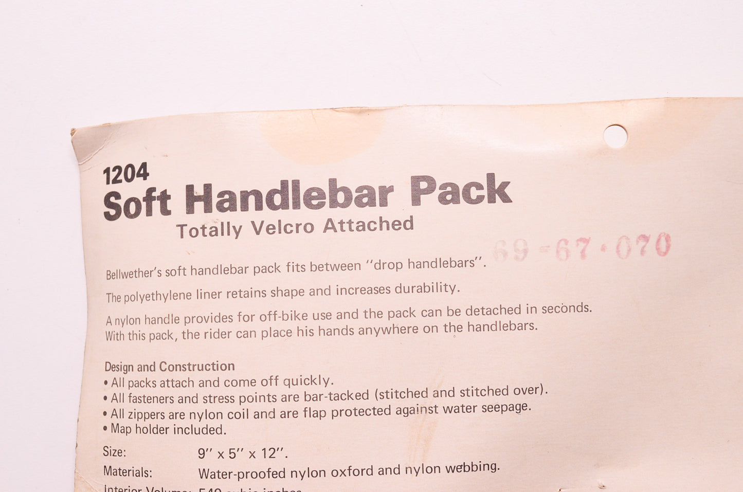 New Bellwether Blue Waterproofed Nylon Soft Handlebar Pack 9' x 5' x 12' NOS