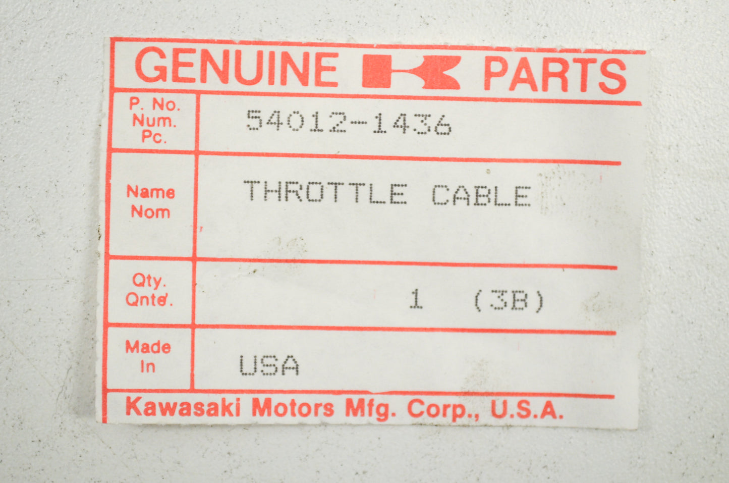 OEM Kawasaki 54012-1436 Throttle Cable NOS