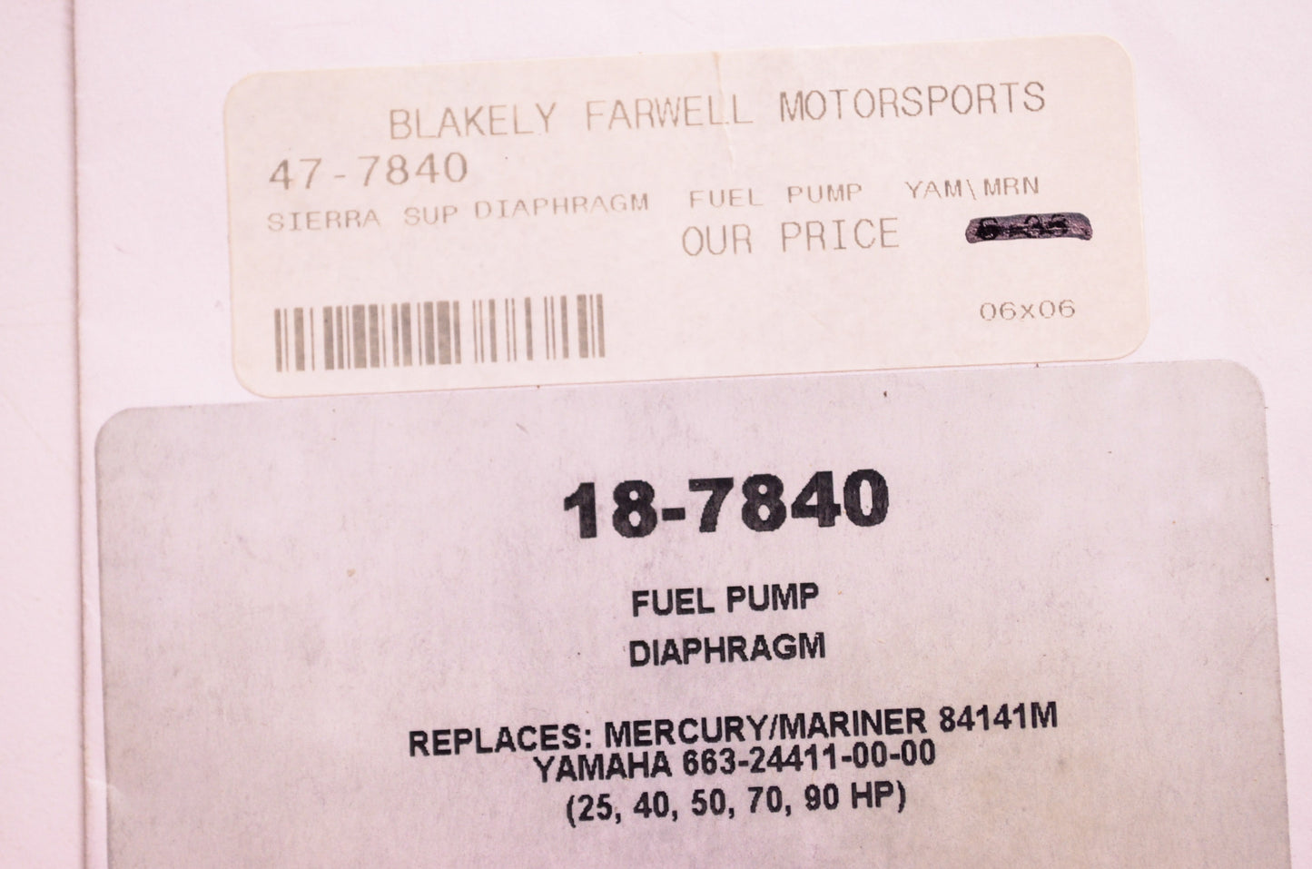 Sierra 18-7840, 84141M Fuel Pump Diaphragm Mercury Yamaha NOS