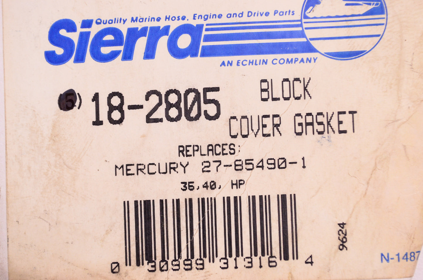 New Sierra Block Cover Gasket Mercury 35/40 HP NOS