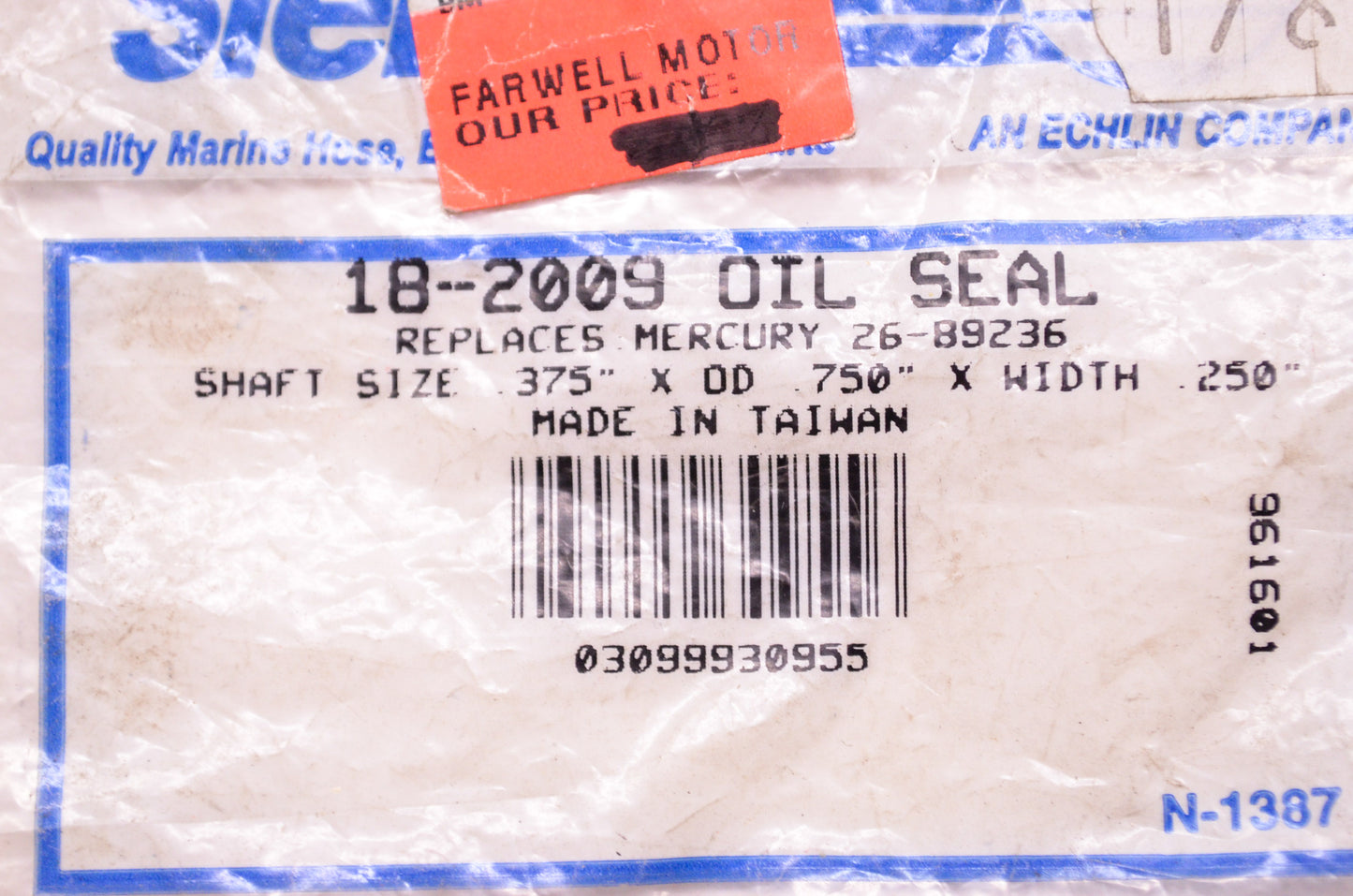 New Sierra Oil Seal Mercury Shaft Size .375' x OD .750' x W .250' NOS