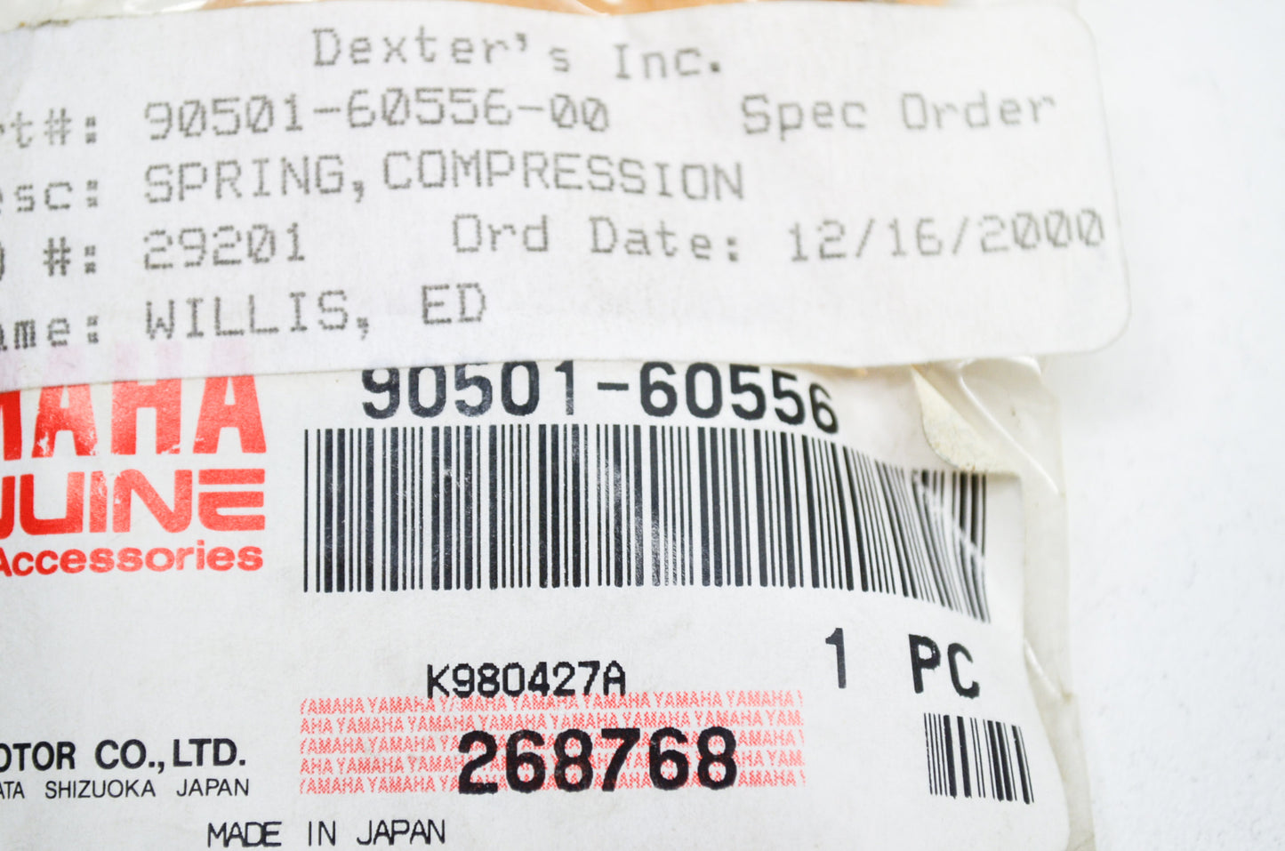 OEM Yamaha 90501-60556-00 Compression Spring NOS