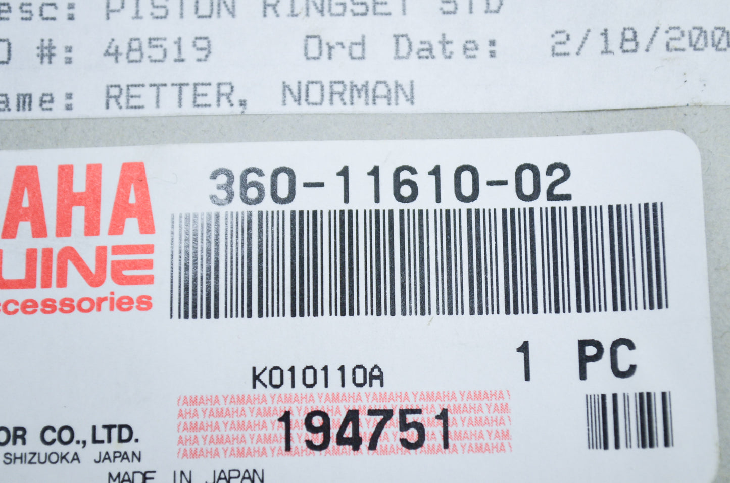 OEM Yamaha 360-11610-02-00 Piston Ring Set NOS
