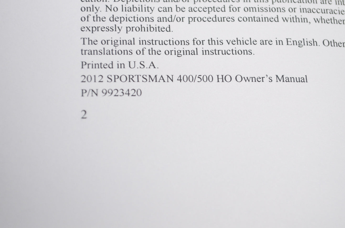 OEM Polaris 9923420 Owner's Manual 12 Sportsman 4/500 HO NOS