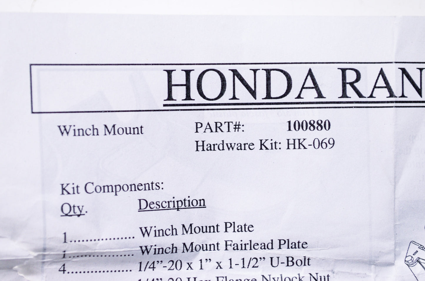 Hardware Kit Honda Rancher Winch Mount 100880 NOS