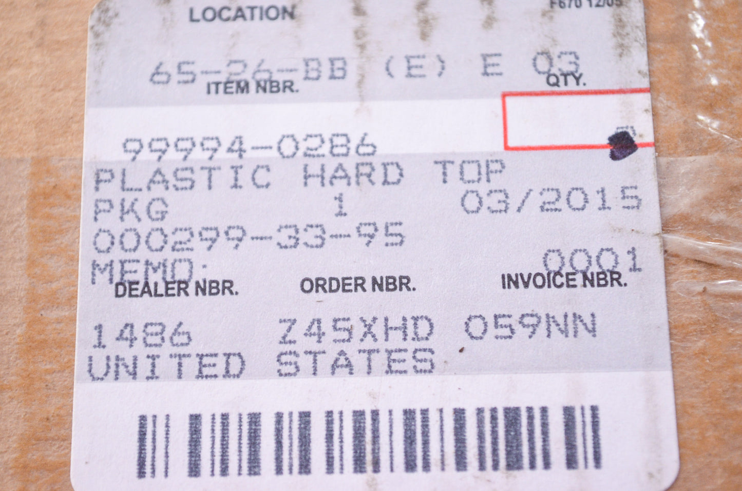 Plastic Hard Top NOS