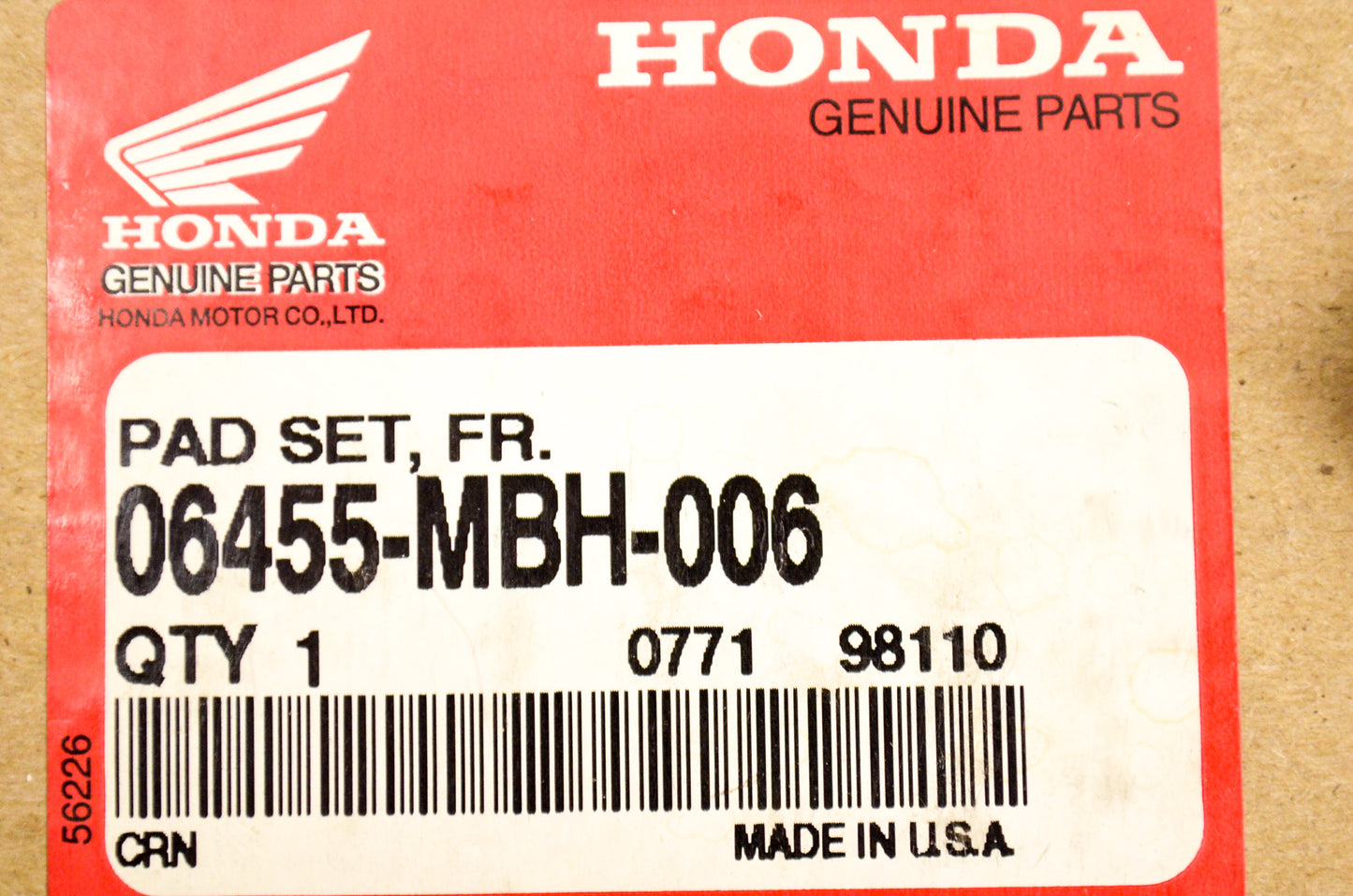OEM Honda 06455-MBH-006 Front Pad Set NOS