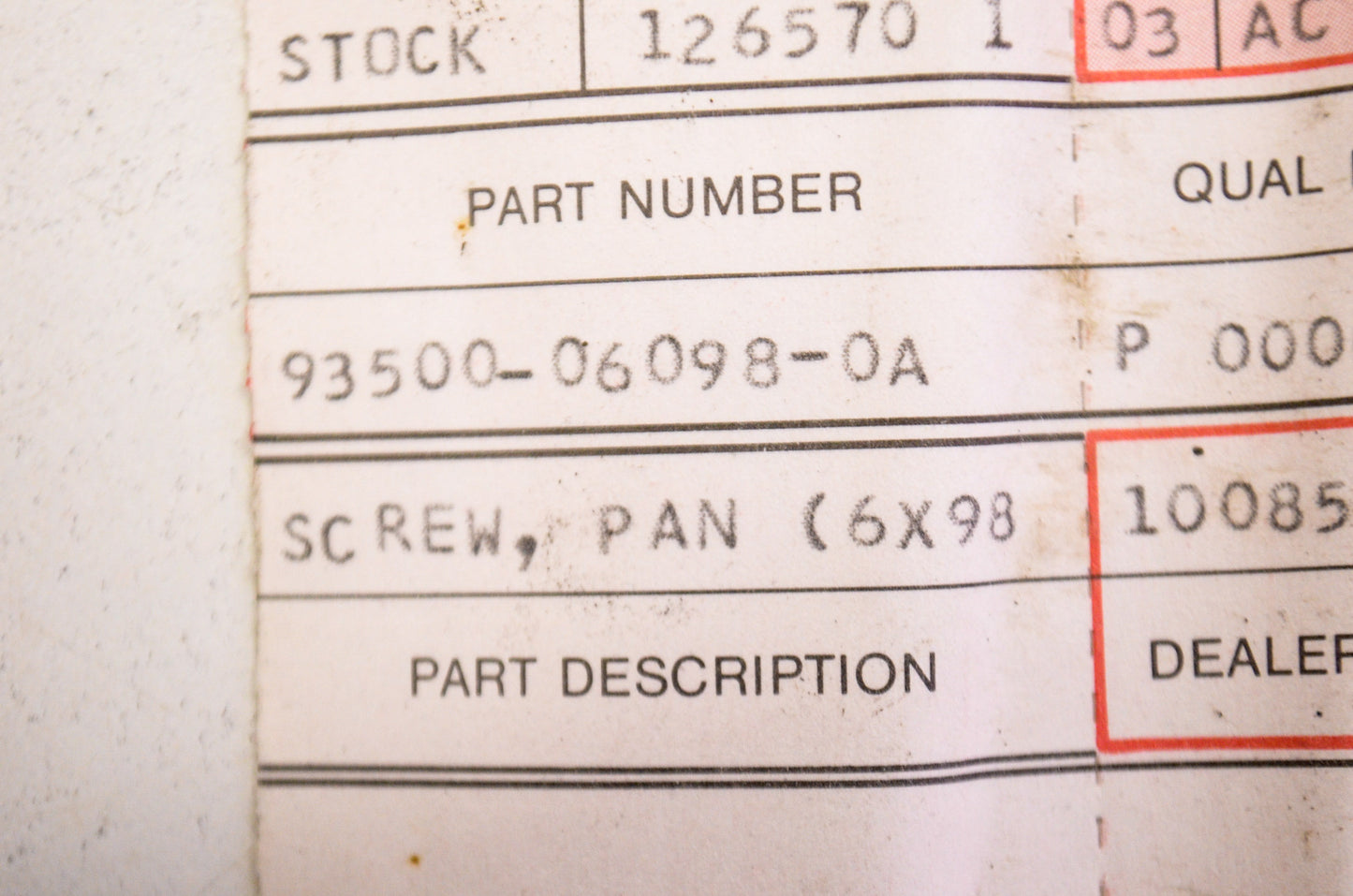 OEM Honda 93500-06098 Pan Screw 6x98 NOS