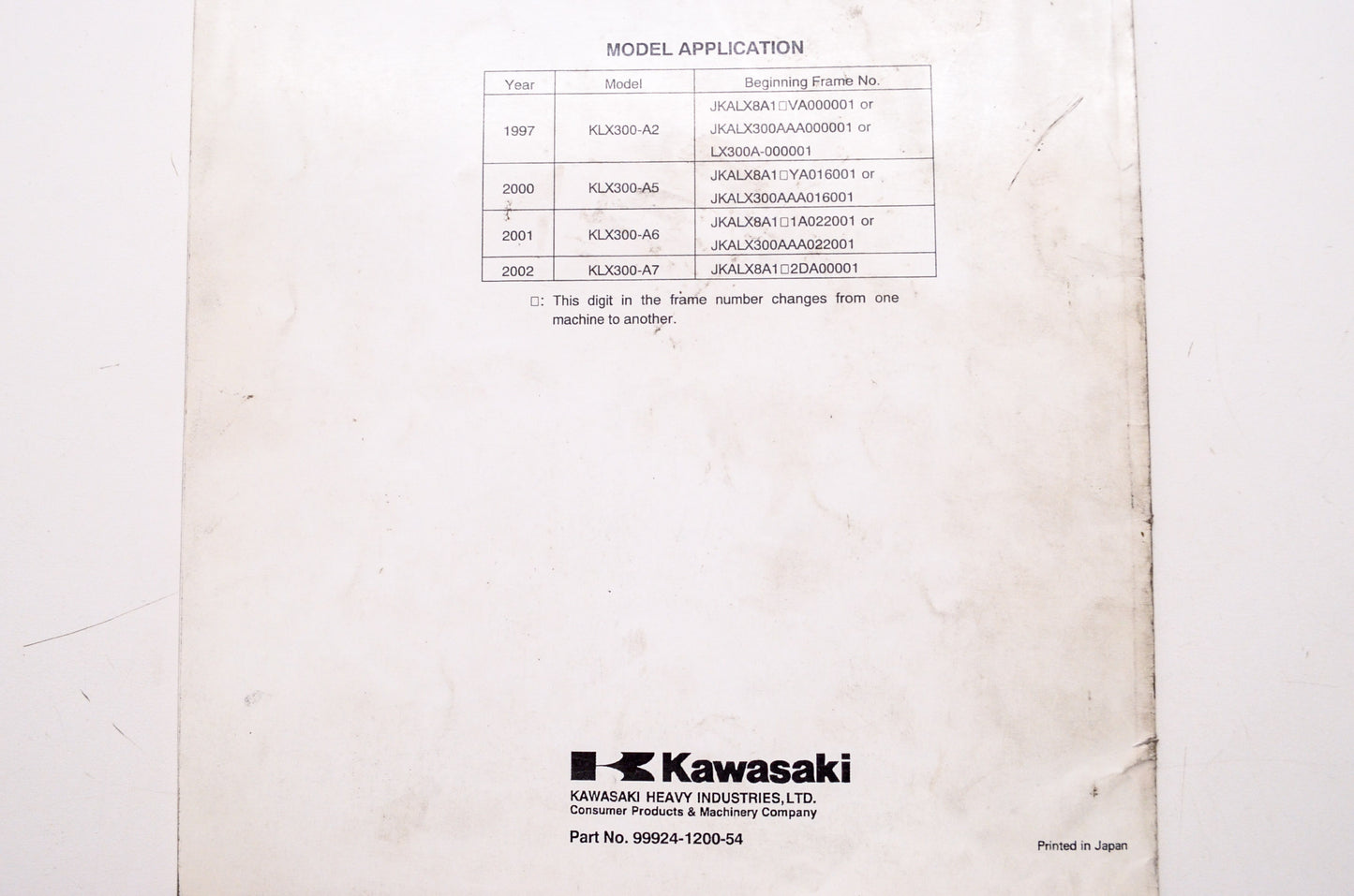 OEM Kawasaki 99924-1200-54 Service Manual Supplement KLX300A