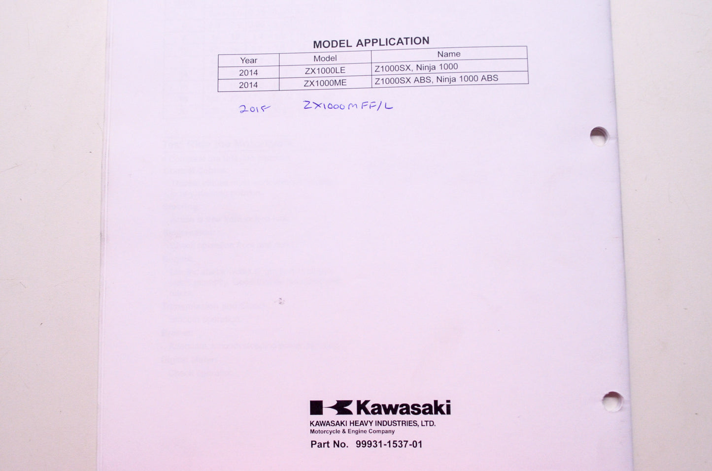OEM Kawasaki 99931-1537-01 Assembly & Preparation Manual ZX1000M