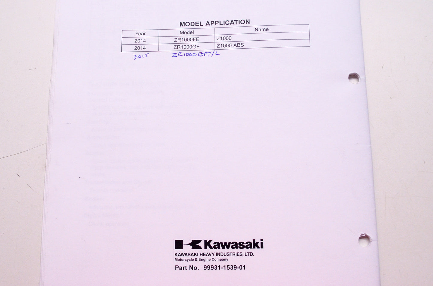 OEM Kawasaki 99931-1539-01 Assembly & Preparation Manual ZR1000F/G