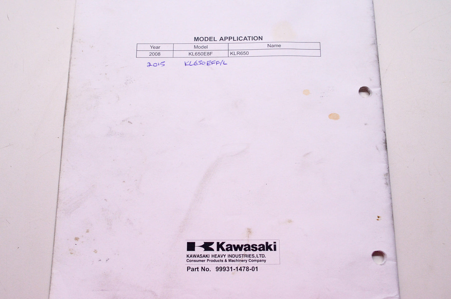 OEM Kawasaki 99931-1478-01 Assembly & Preparation Manual KL650E