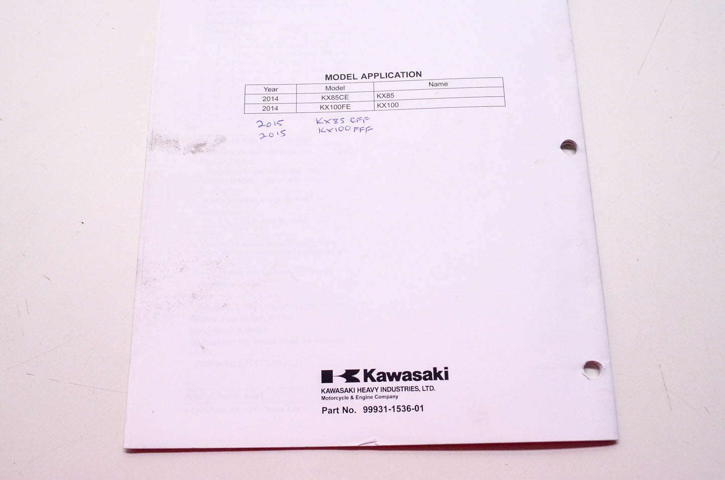 OEM Kawasaki 99931-1536-01 Assembly & Preparation Manual KX85C/100F