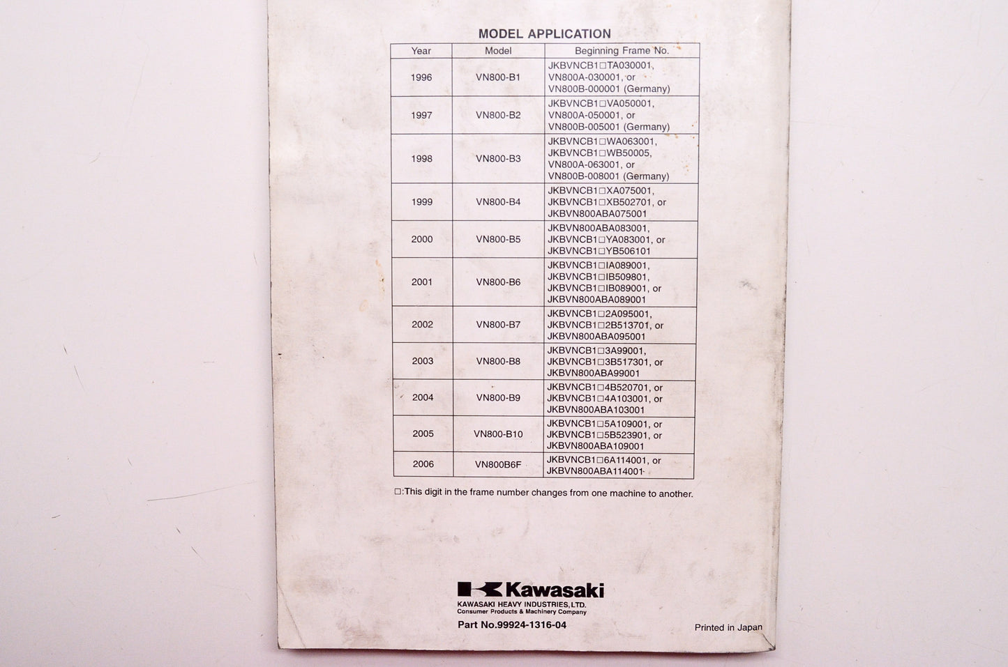 OEM Kawasaki 99924-1316-04 Service Manual VN800B
