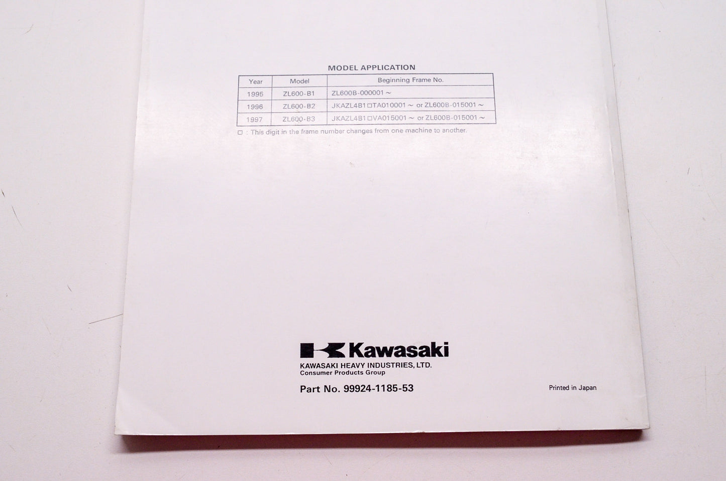 OEM Kawasaki 99924-1185-53 Service Manual Supplement ZL600B
