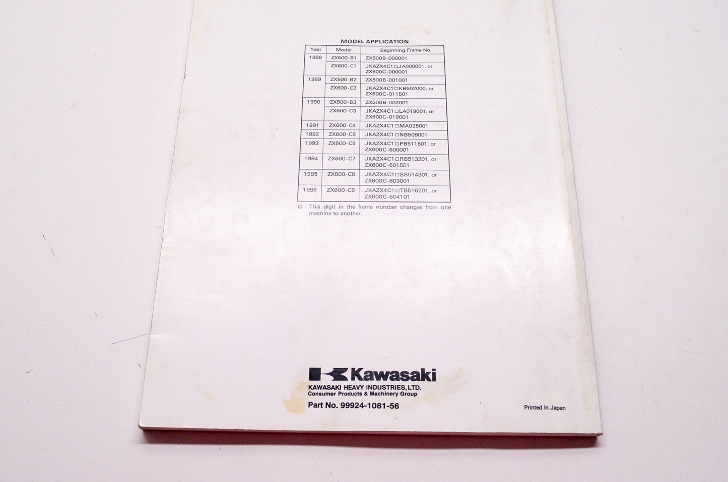 OEM Kawasaki 99924-1081-56 Service Manual Supplement ZX600C