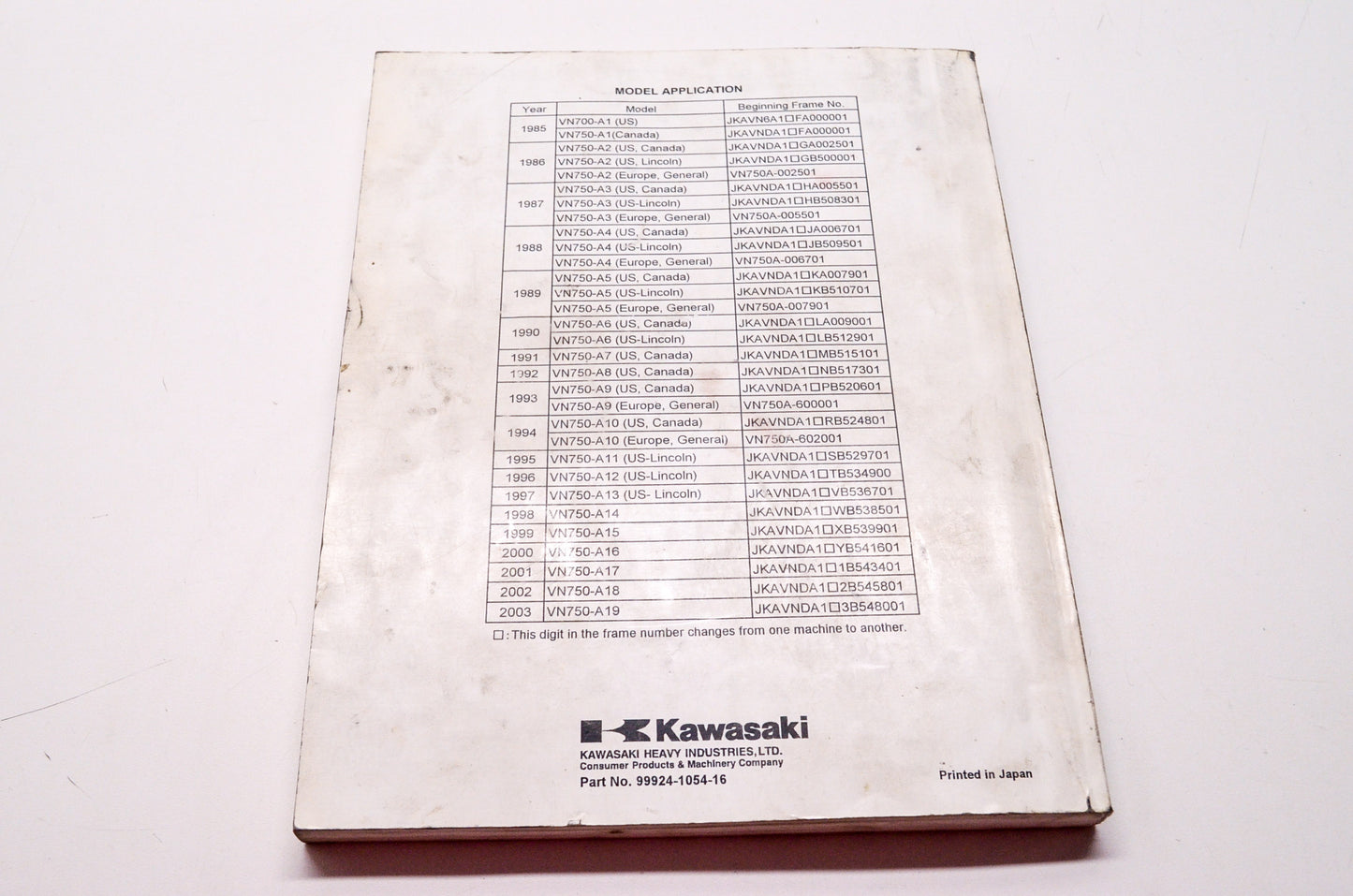 OEM Kawasaki 99924-1054-16 Service Manual VN750A