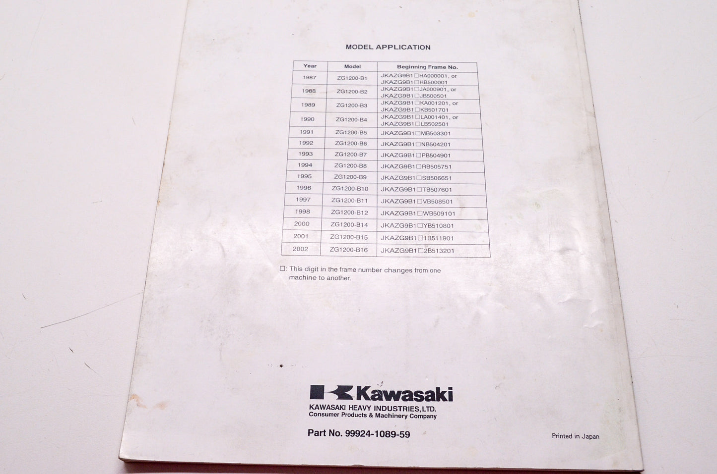 OEM Kawasaki 99924-1089-59 Service Manual Supplement ZG1200B
