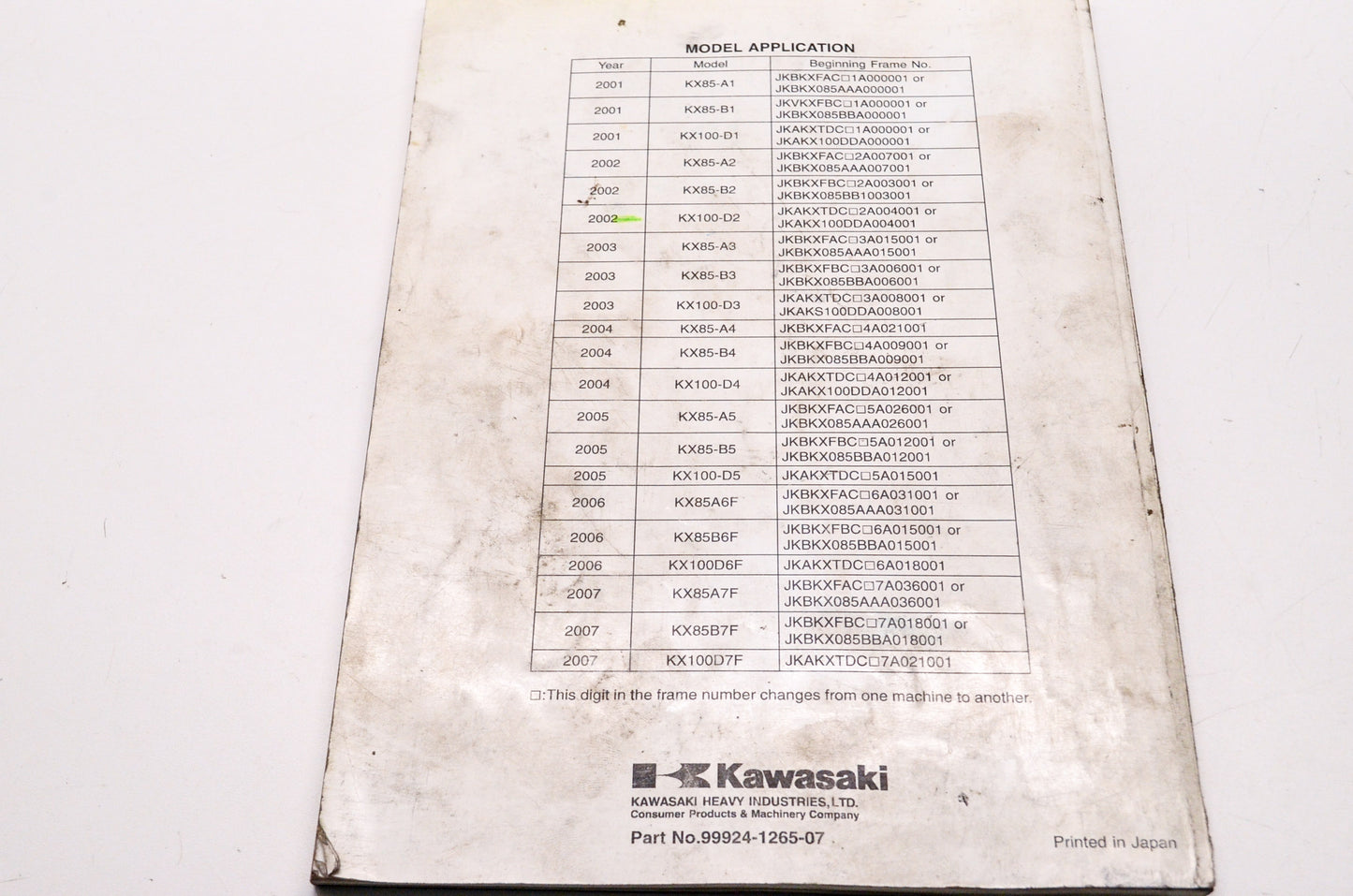 OEM Kawasaki 99924-1265-07 Service Manual KX85A/100D