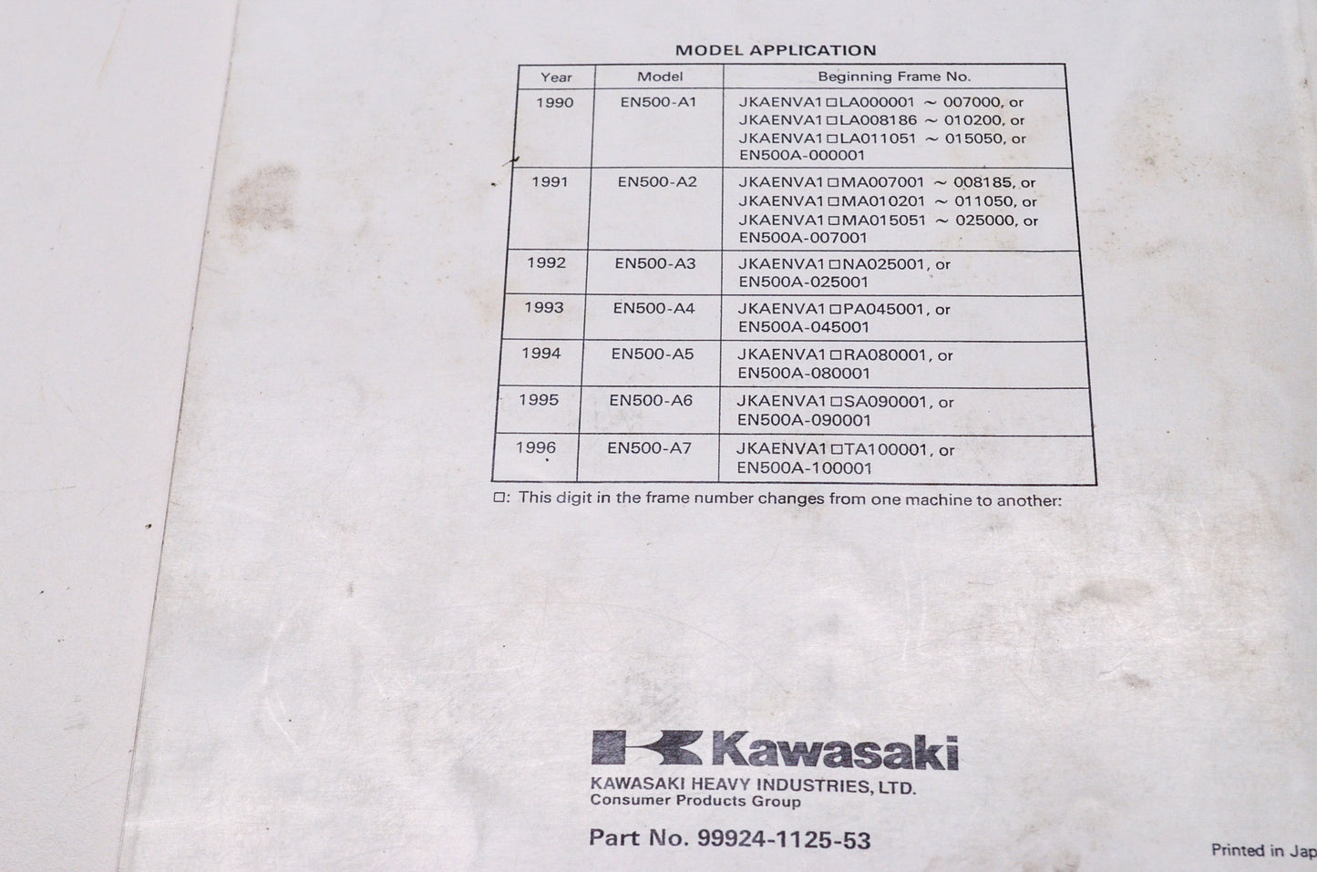 OEM Kawasaki 99924-1125-53 Service Manual Supplement EN500A