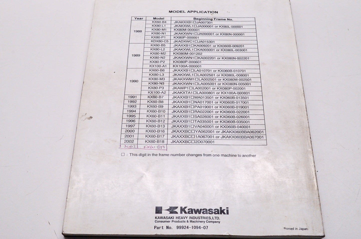 OEM Kawasaki 99924-1094-07 Service Manual KX60B