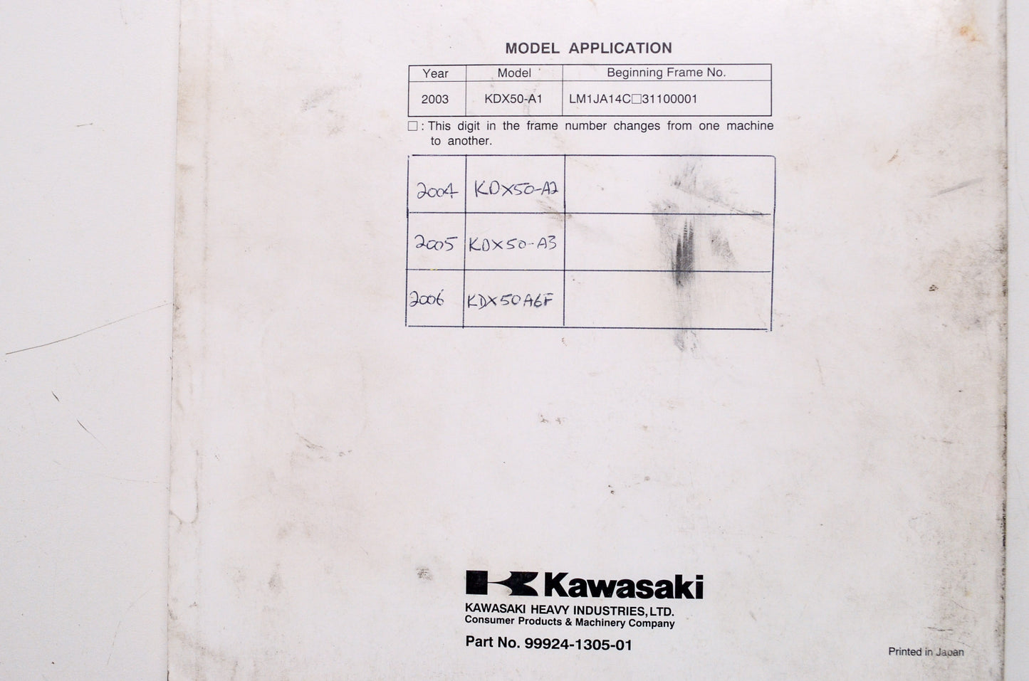 OEM Kawasaki 99924-1305-01 Service Manual KDX50A