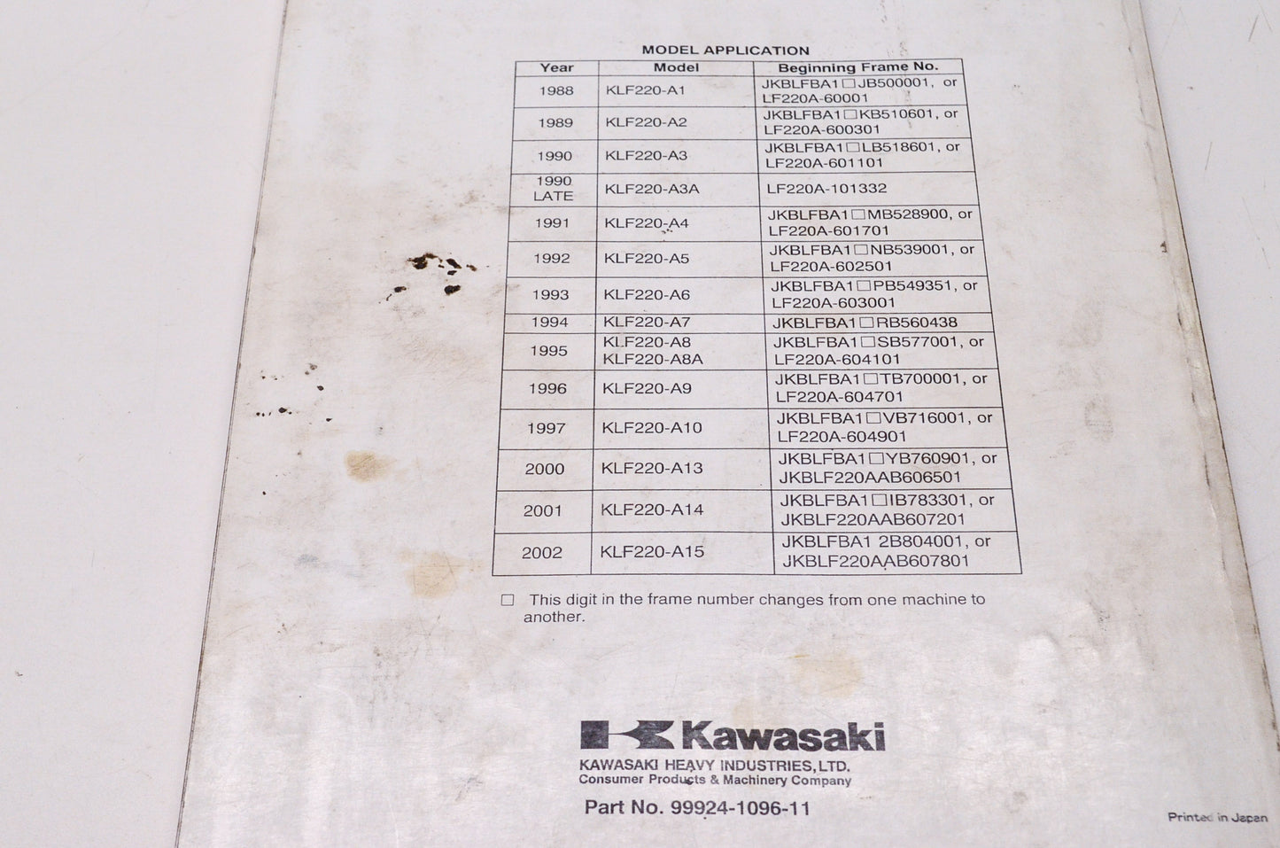 OEM Kawasaki 99924-1096-11 Service Manual KLF220A