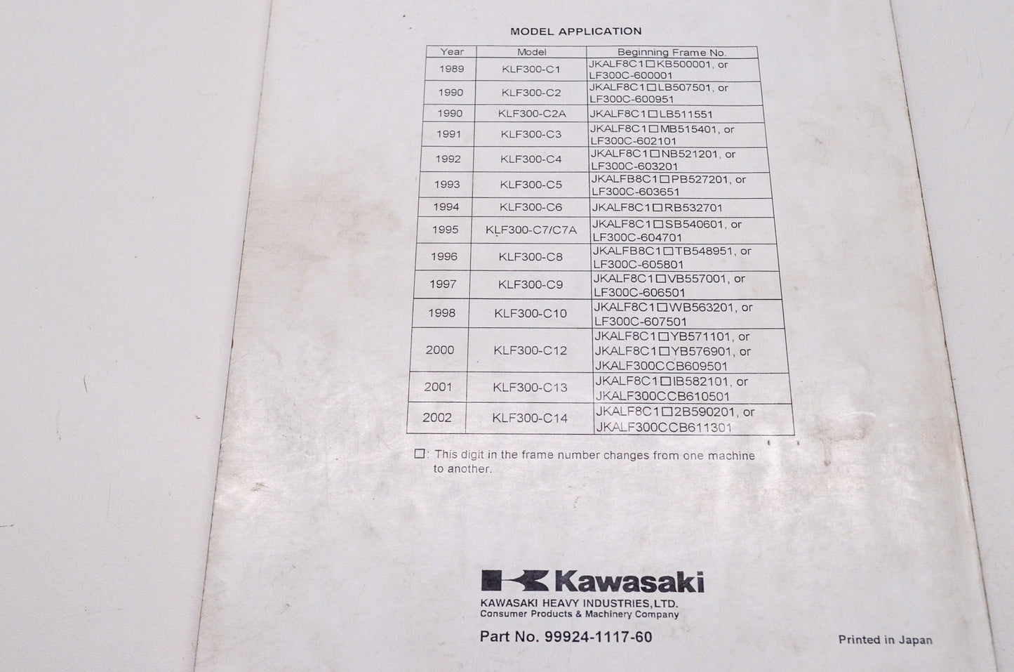 OEM Kawasaki 99924-1117-60 Service Manual Supplement KLF300C