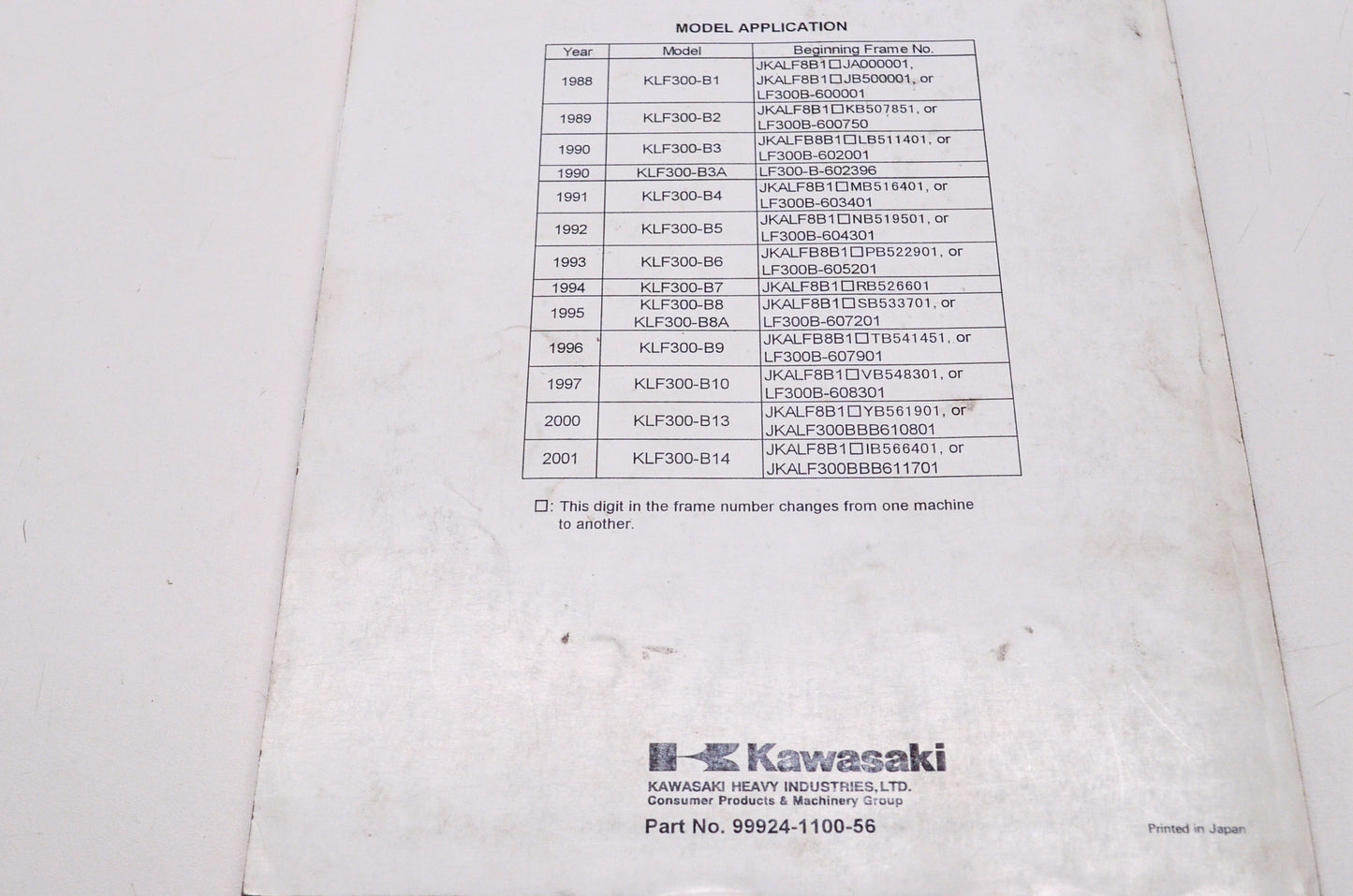Kawasaki 1988-2001 KLF Bayou 300 ATV Shop Repair Service Manual Supplement