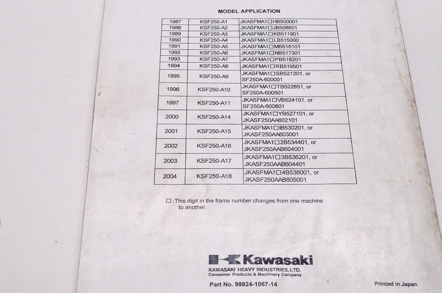 OEM Kawasaki 99924-1067-14 Service Manual KSF250A