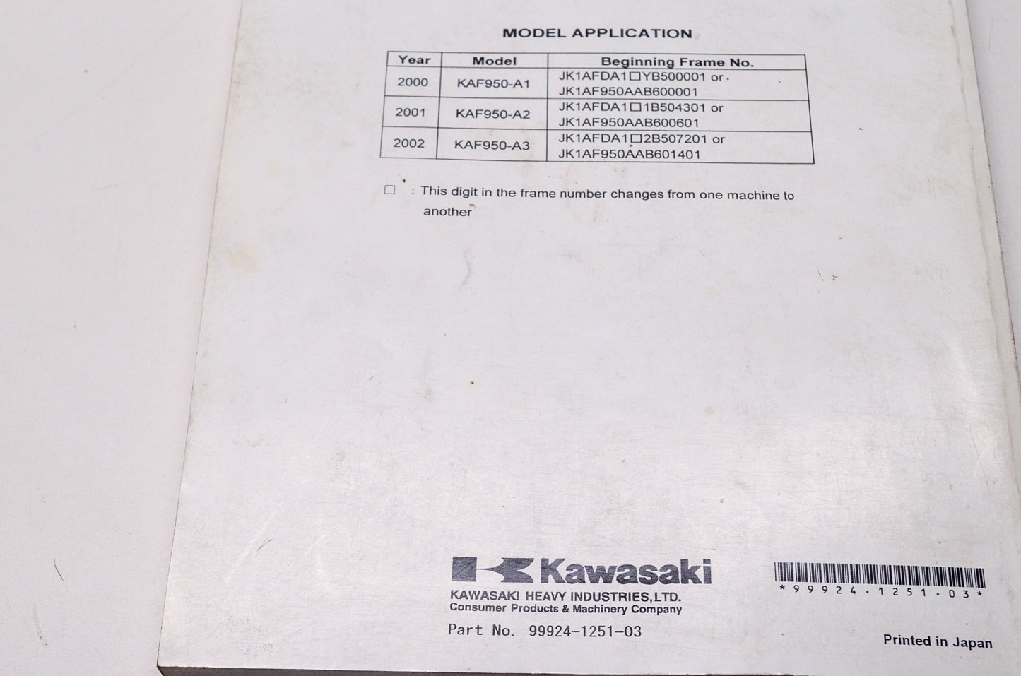 OEM Kawasaki 99924-1251-03 Service Manual KAF950