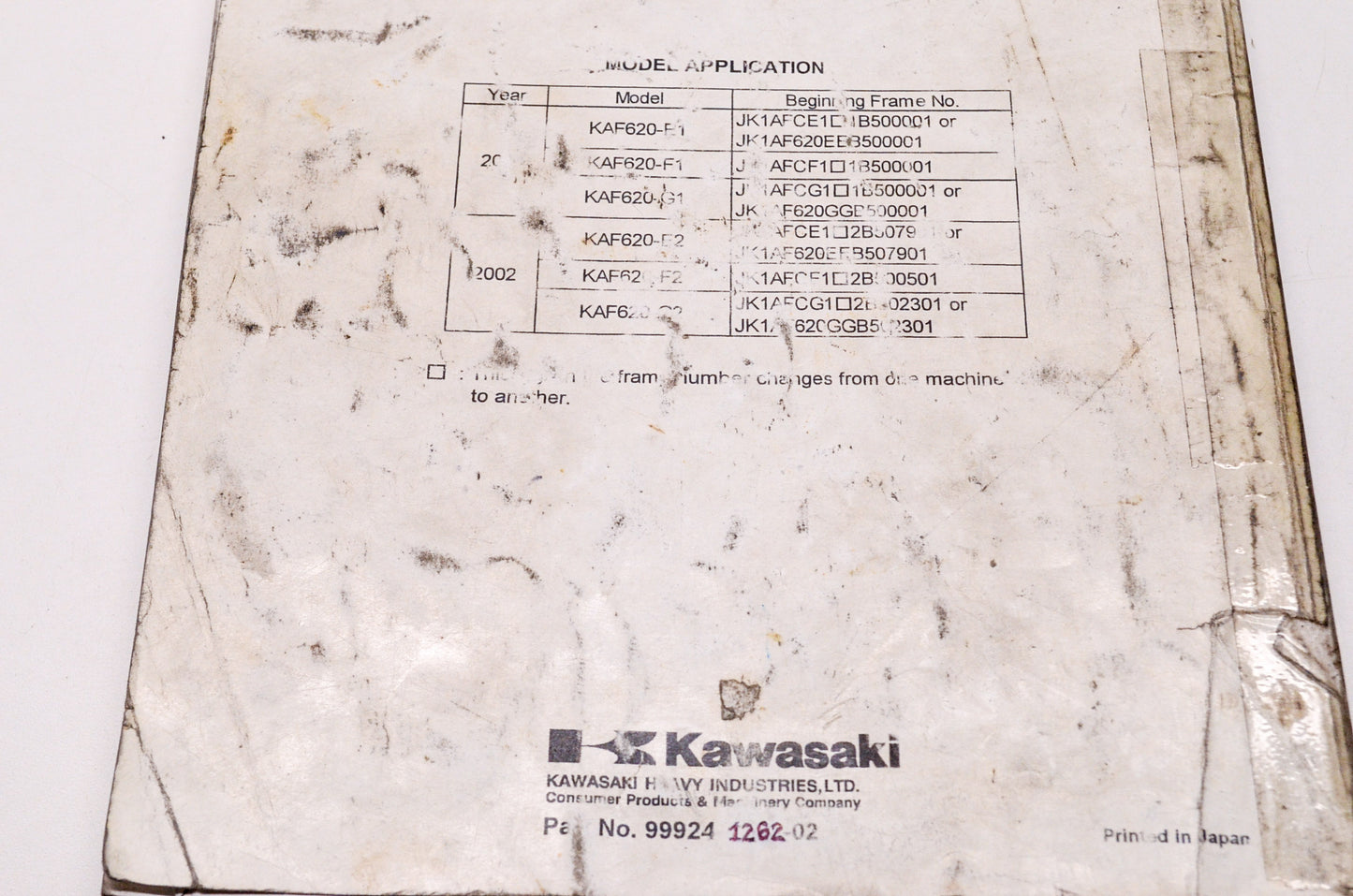 OEM Kawasaki 99924-1262-02 Service Manual KAF620E/F/G/H