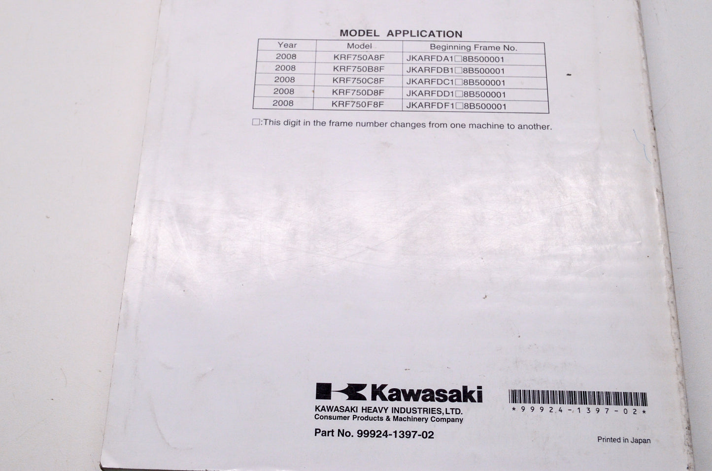 OEM Kawasaki 99924-1397-02 Service Manual KRF750A/B/C/D/F