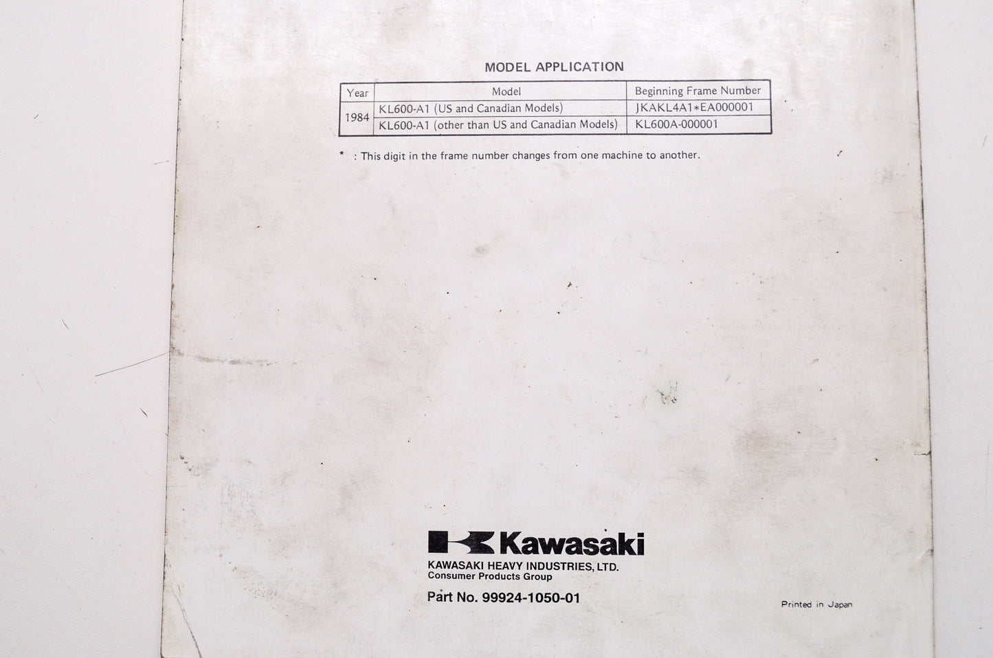 OEM Kawasaki 99924-1050-01 1984 KLR 600 Shop Repair Service Manual