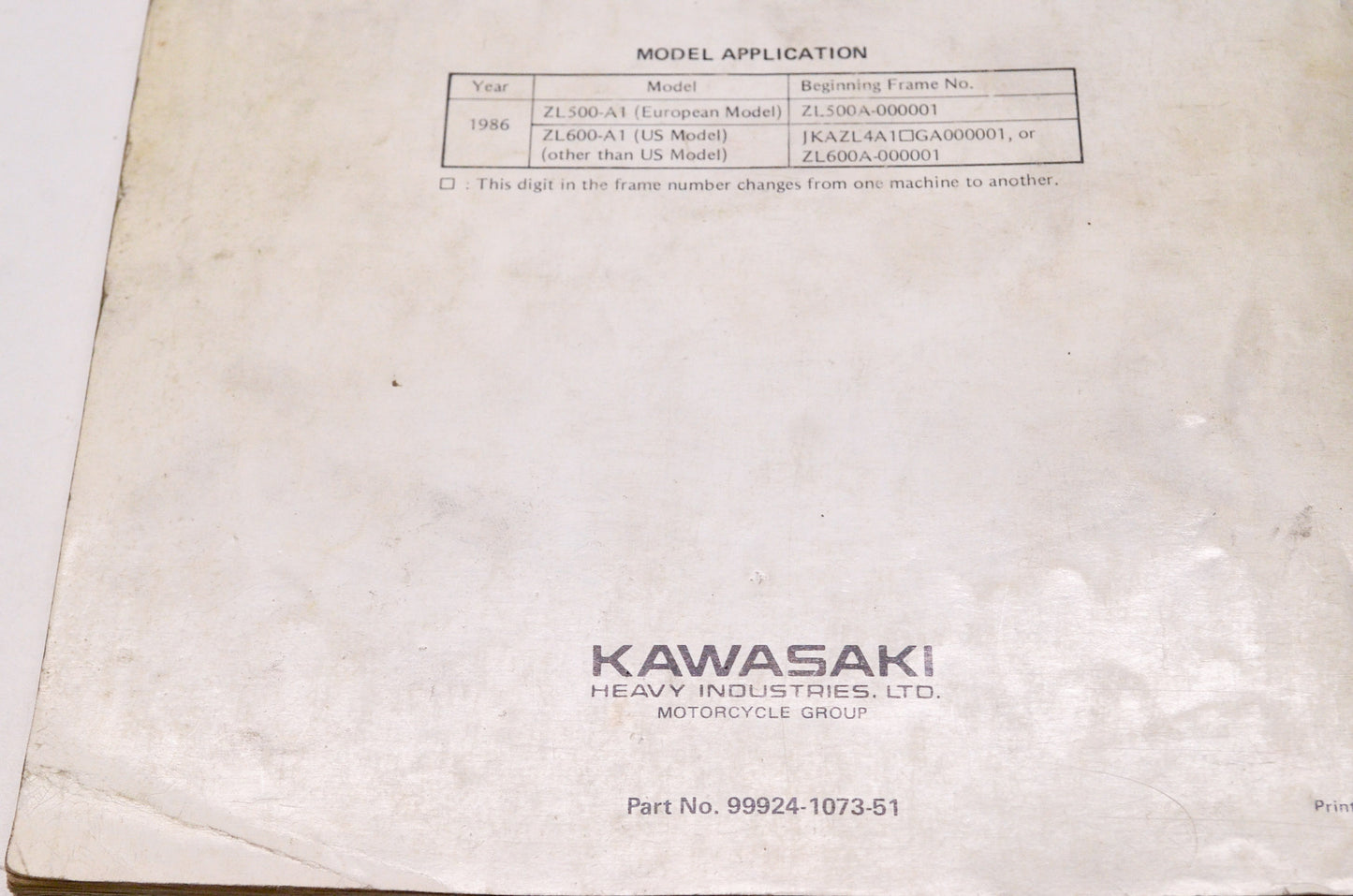 OEM Kawasaki 99924-1073-51 Service Manual Supplement ZL600A